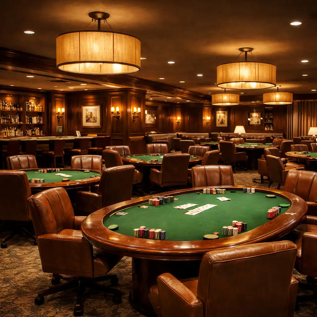 Interiér card lounge s pokerovými stoly, pohodlnými křesly a tlumeným osvětlením