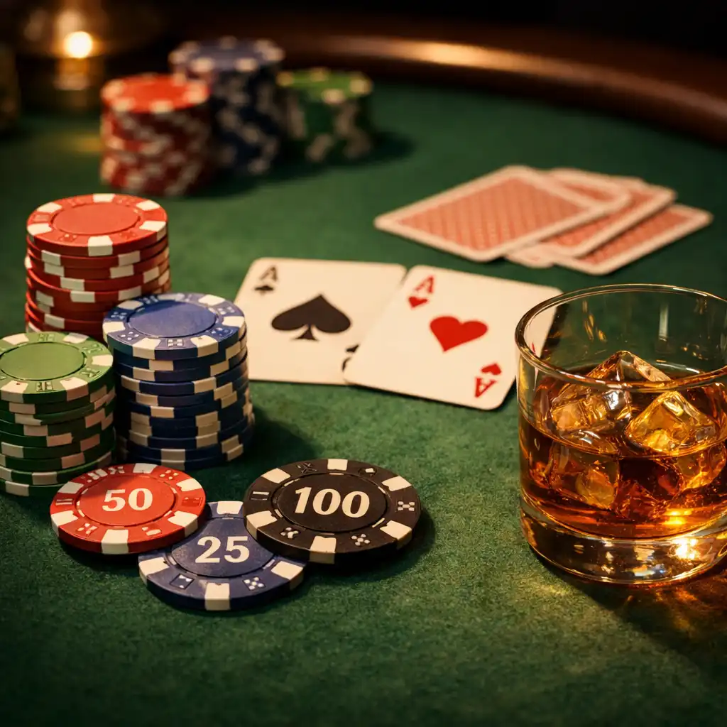 Detail pokerového stolu s žetony, kartami a skleničkou whisky