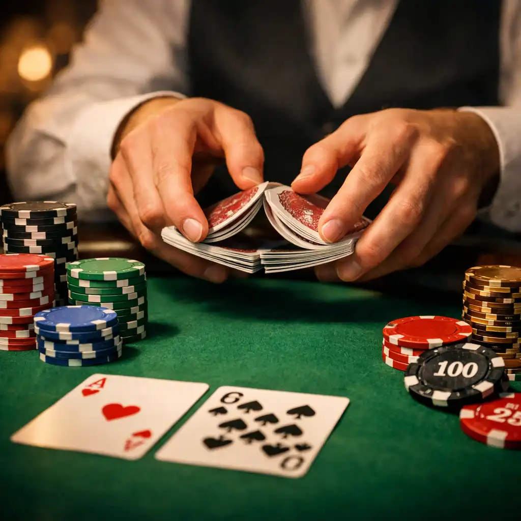 Detail profesionálního pokerového stolu s kartami a žetony v teplém světle