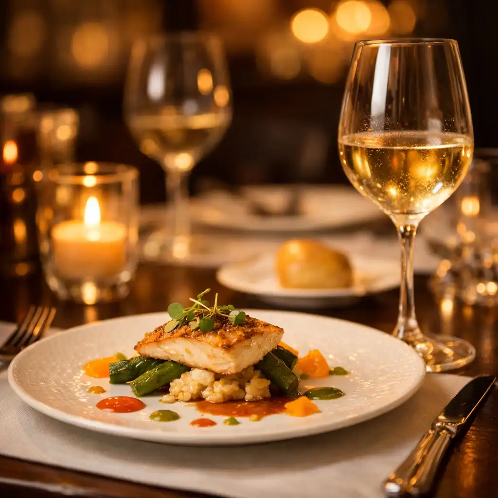 Elegantně prostřený stůl s degustačním menu a sklenkou vína v restauraci Dobro Tystolu