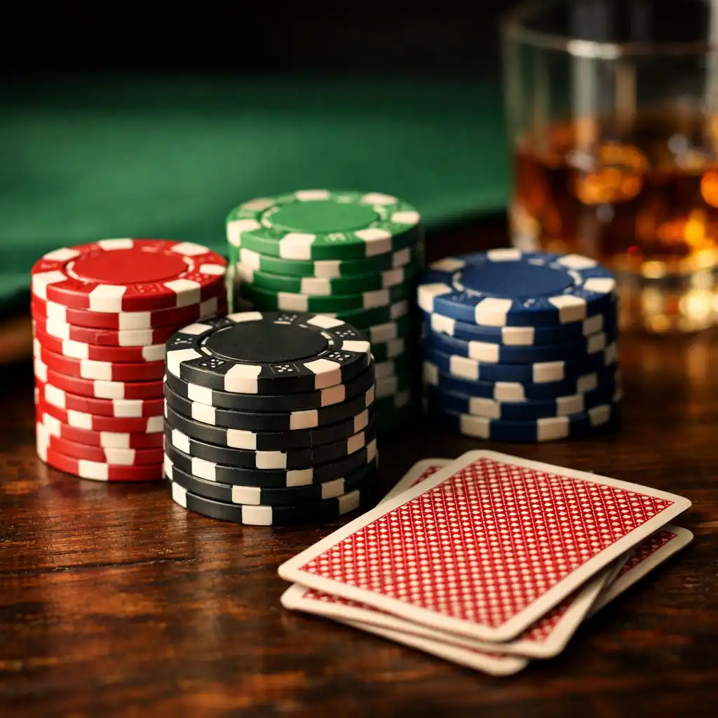 Detailní záběr na pokerové žetony a karty na tmavém dřevěném stole