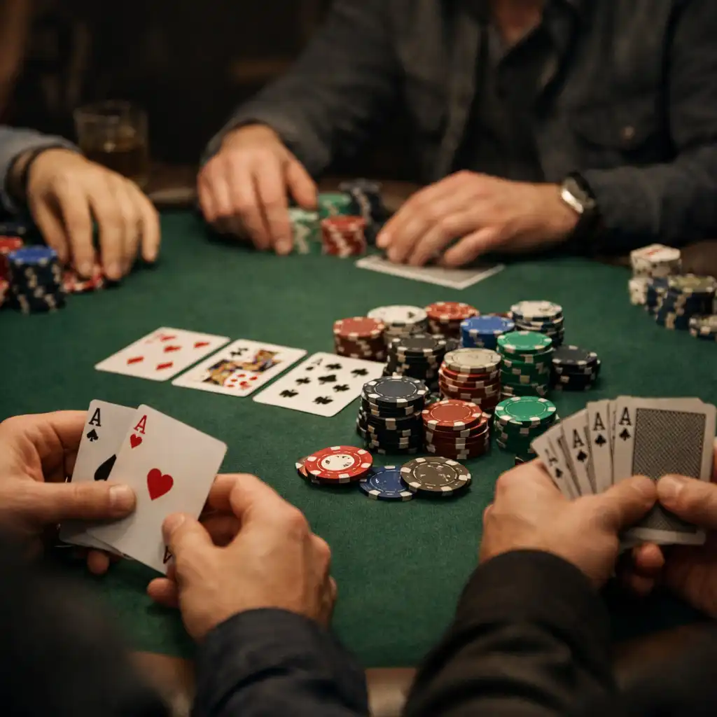 Hráči u pokerového stolu během hry, ruce s kartami a žetony