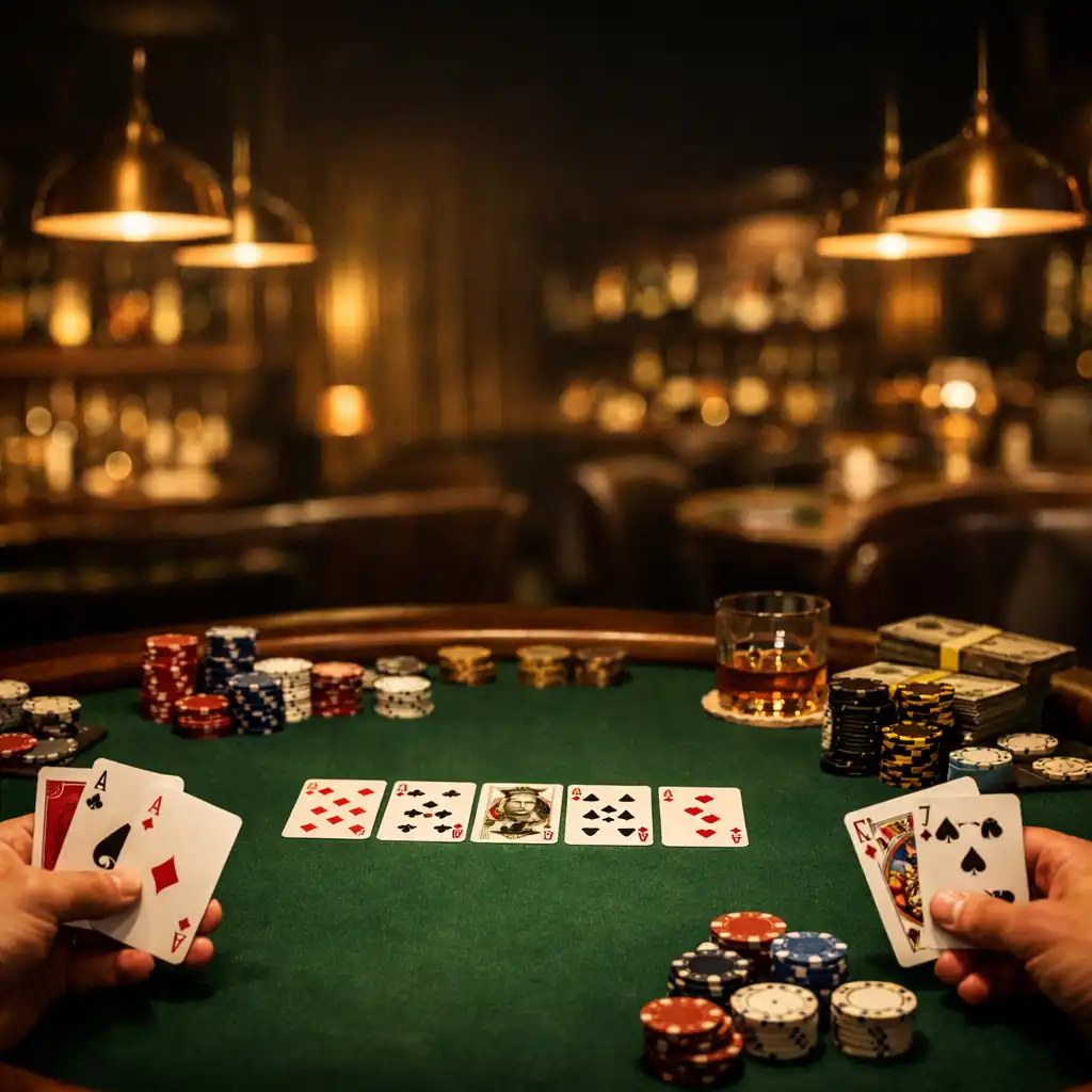 Elegantní pokerový stůl v luxusním card lounge s teplým osvětlením