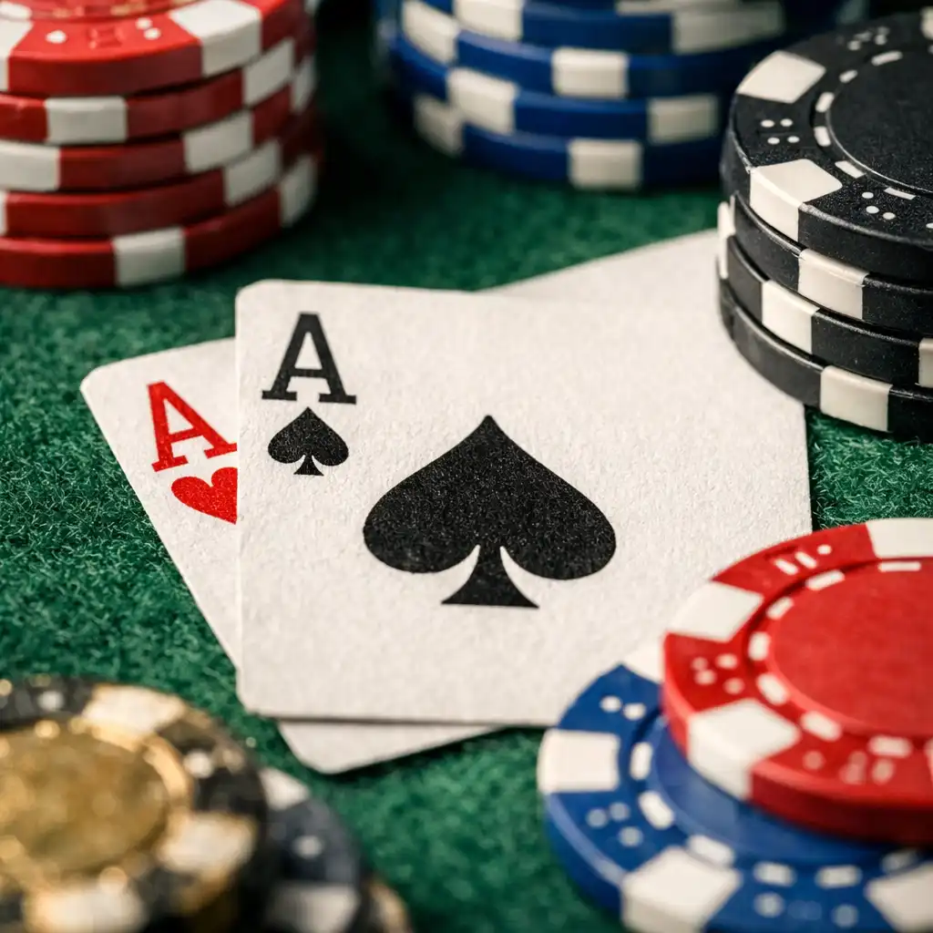 Detailní záběr na plstěný povrch pokerového stolu s kartami a žetony