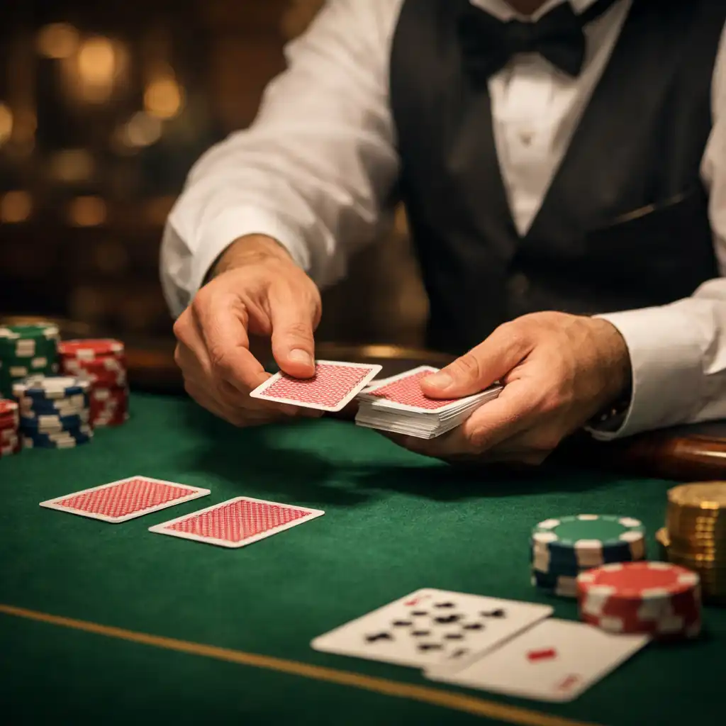 Profesionální dealer rozdává karty hráčům u elegantního pokerového stolu