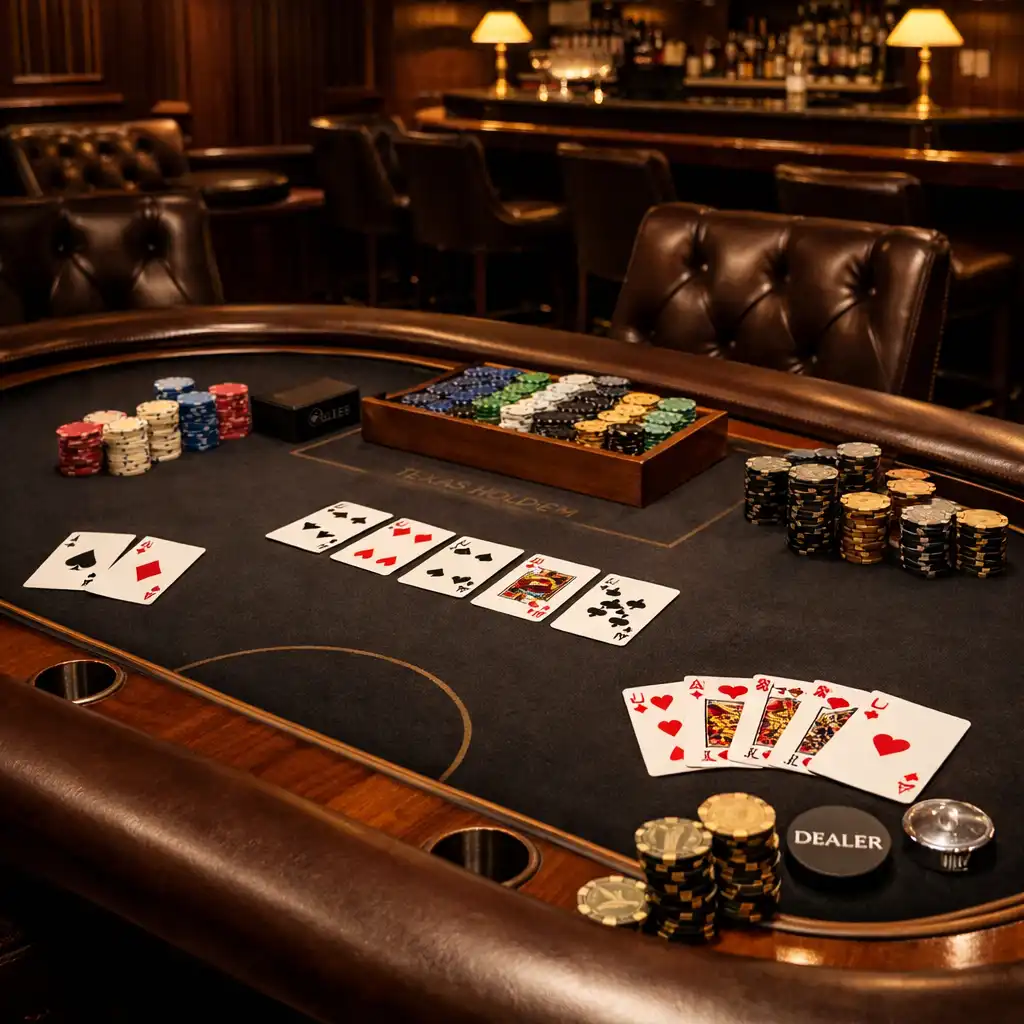 Profesionální pokerový stůl s žetony a kartami v luxusním card lounge