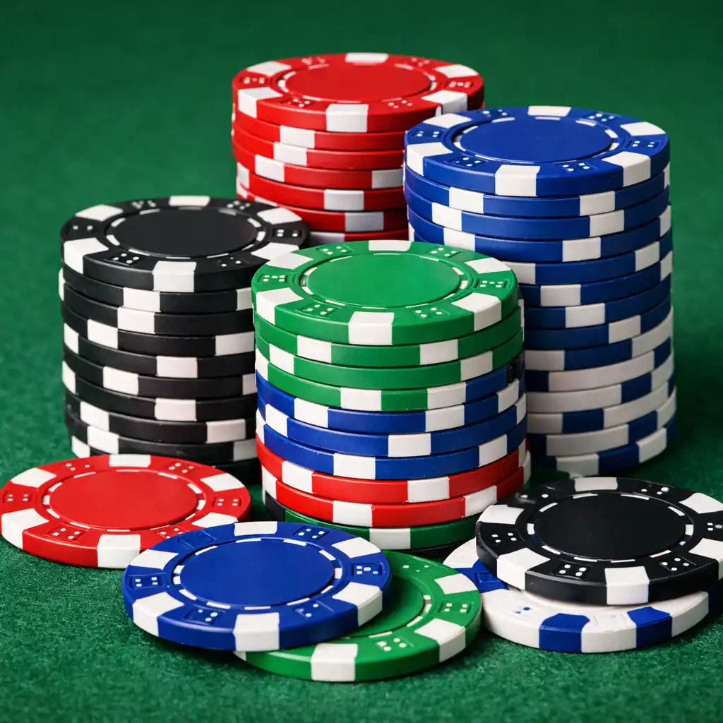 Hromádka pokerových žetonů různých barev na zelené plsti