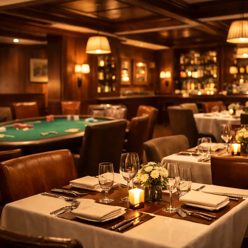 Elegantní interiér restaurace Dobro Tystolu s teplým osvětlením a prostřenými stoly