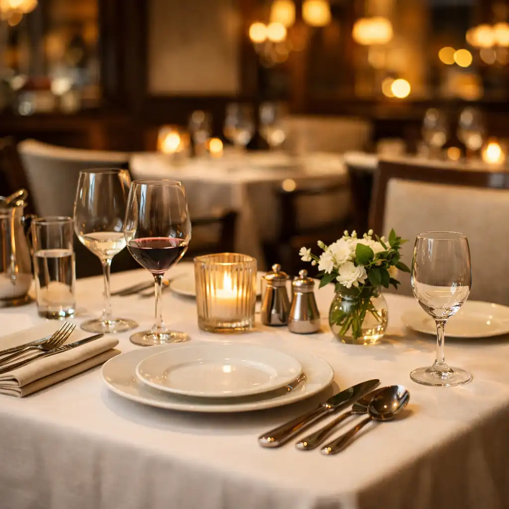 Detailně prostřený stůl v restauraci Dobro Tystolu s bílým ubrusem a sklenicemi na víno