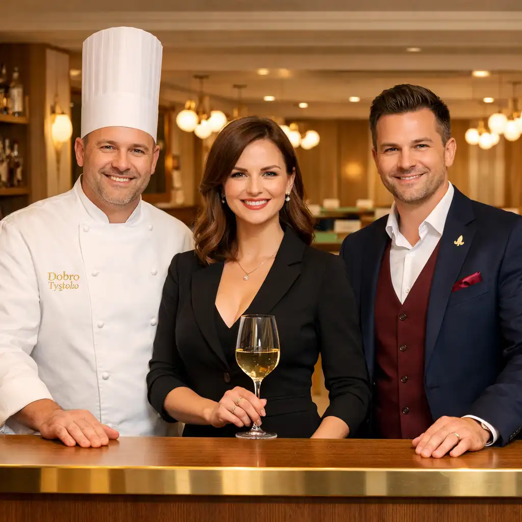 Tým Dobro Tystolu: šéfkuchař Jan Novák, sommelierka Eva Malá a pokerový manažer Petr Svoboda v restauraci