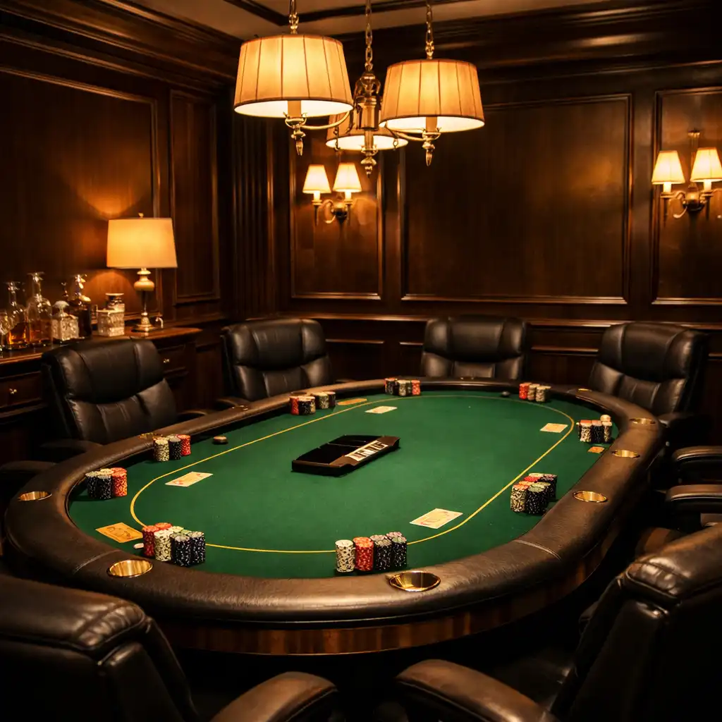 Luxusní VIP salónek s profesionálním pokerovým stolem, koženými křesly a elegantním dřevěným obložením