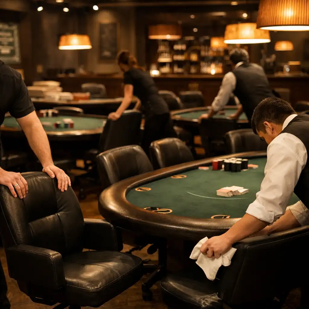 Příprava pokerového salonku na večer, personál upravuje židle a stoly